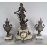 Late 19th century clock garniture, the figured marble casework with gilded brass mounts enclosing