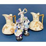 Pair of Worcester blush vases (both AF), 19th century porcelain figure girl with tambourine and