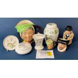 A mixed collection including Doulton character jugs, various ginger jars and covers, small