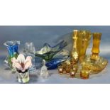 Three mid 20th century European Art Glass blown vases, a blue glass dolphin, a Caithness vase, an