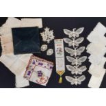 Collection of vintage lacework and handkerchiefs including 6 bobbin lace butterflies, a WW1 souvenir