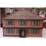 Large hand built vintage wooden dolls house with sliding sections on front and rear walls allowing