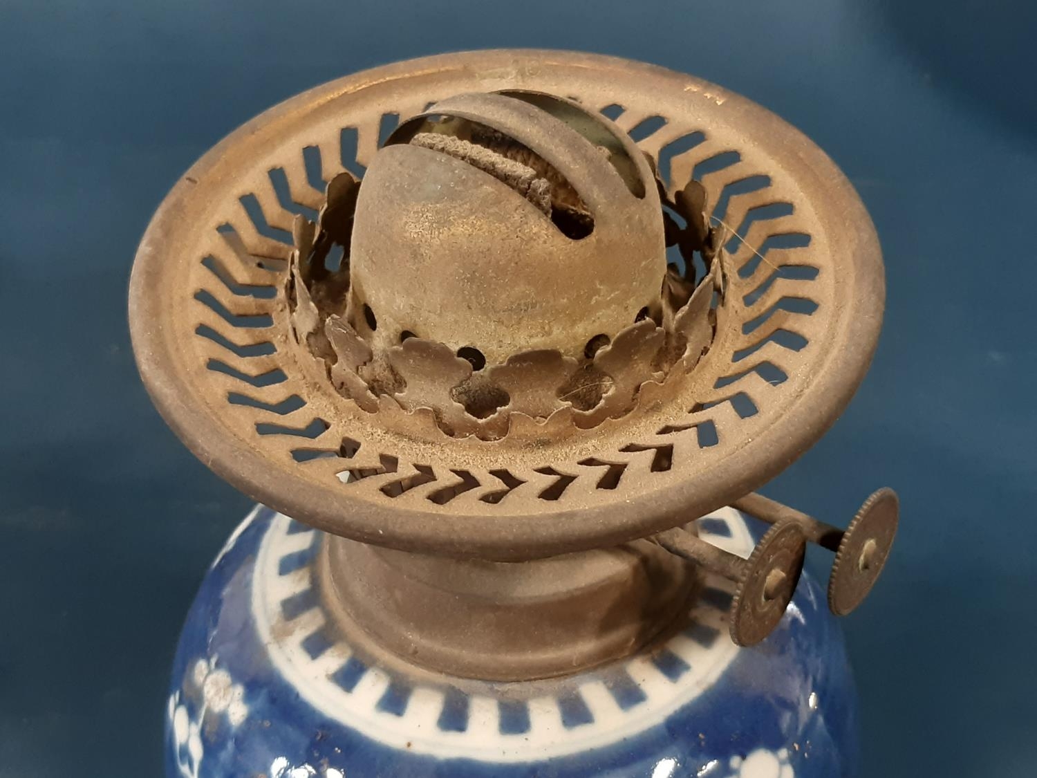 Three Chinese blue and white porcelain prunus jars with covers, one with oil lamp conversion, four- - Image 2 of 3