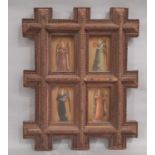 A tramp art frame with four windows, each holding printed cards of works by Beato Angelico 'Angelo