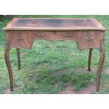 Late 19th century French faded Kingwood ladies writing desk, with inset leather top over three