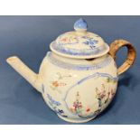 Chinese blue and white porcelain teapot with painted famille rose family group and floral