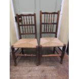 Six Georgian ashwood spindle back cottage chairs with rush seats