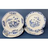 Four 18th Century Chinese blue and white porcelain dishes, with floral decorations depicting