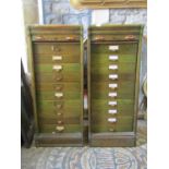 A pair of old oak tambour fronted filing cabinets with original and unusual green stained finish