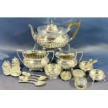 A Georgian style three piece silver plated tea service, salt cauldrons, small bowl , trinket box,