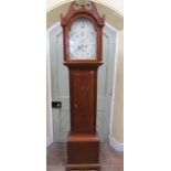 A Georgian mahogany longcase clock, the case with swan neck pediment enclosing a broken arch painted