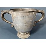 The large double handled 'George Raby cup', a trophy for team shooting, 23.5 cm tall, 39 ozs