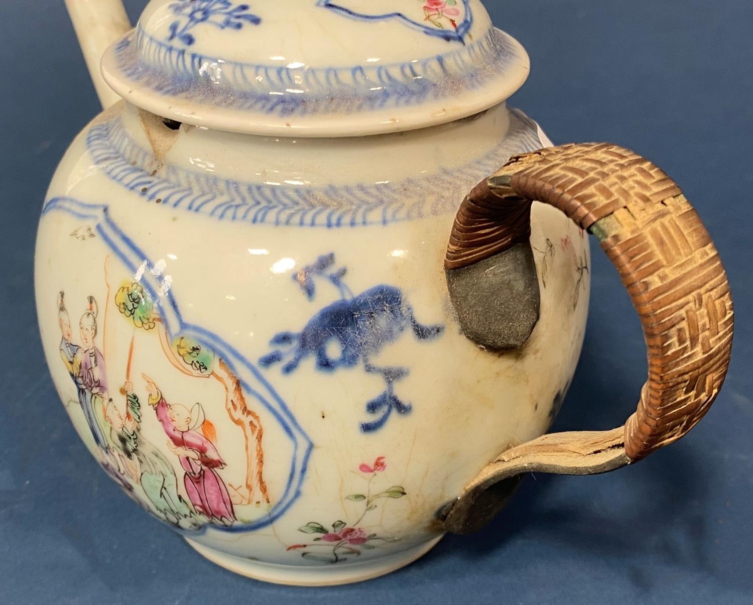 Chinese blue and white porcelain teapot with painted famille rose family group and floral - Image 2 of 2