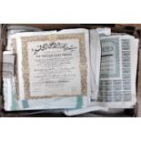 A box containing various share certificates including The Land Bank Of Egypt, The Book Aboukir