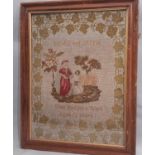 19th Century tapestry sampler depicting Boaz and Ruth by Ellen Bostock aged 12 years, framed and