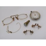 Decorative 935 silver fob watch, a gilt metal 'Bon Soir' seal fob, two pince-nez fittings and