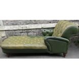 Victorian day bed with scrolled back upholstered in buttoned green leather (two tone), raised on