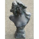 A cast composition stone Art Nouveau style female bust with simulated bronze finish 45 cm high