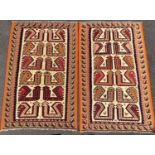 A pair of Qashgai Kilims with stylised chicken motif and a geometric border, both the same size,