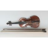 An old violin - unlabelled with case and two bows.