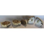 Two pairs of halved rock crystal specimens and further single fossilised mammoth tooth.