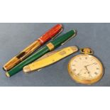 A pocket watch with gold plated case (in working order), a vintage pen knife, vintage Parker 17