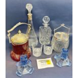 A mixed selection of glass ware, including a tall modern decanter with a silver collar, a pair of