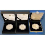 A collection of three five pound silver proof coins, all with boxes and certificates, 2008 60th