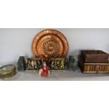 A Victorian copper alms plate 38cm diam, a Sorrento trinket box with swallows to the lid, a pair