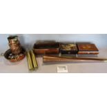 A mixed selection of copper ware, including an oblong planter a two piece coaching horn, five copper