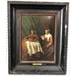 17th Century Dutch School, Man and woman having dinner, artist unknown, oil on board, plaque
