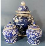 Three Chinese blue and white porcelain prunus ginger jars with covers (Qing period) to include: pair