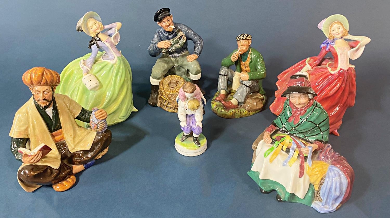 A collection of Royal Doulton figures including the Wayfarer, Omar Khayyam, Silks and Ribbons, The