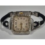 Art Deco ladies white metal cocktail watch with diamond setting (af)