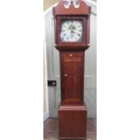 A 19th century oak cottage longcase clock with column supports, square painted dial with shell