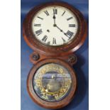 A 19th century walnut and straw marquetry drop dial wall clock with eight day striking movement