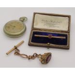 Edwardian 9ct garnet bar brooch, 2g, a Waterbury Watch Co. pocket watch and a gold plated seal