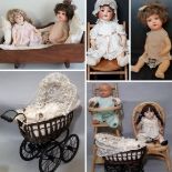 Collection of antique and reproduction dolls and accessories including a large bisque head character