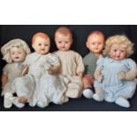 5 large vintage dolls including a 'Cuddles/ Sallykins' doll by Ideal Novelty & Toy Co (1928-1940)