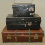 A Rimowa vintage fibre and timber lathe bound cabin trunk with stitched leather carrying handles