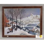 Two framed oil paintings on board and one print (20th Century) to include: After Pieter Bruegel