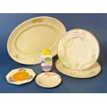 Clarice Cliff meat platter with floral detail, two further Clarice Cliff floral patterned plates