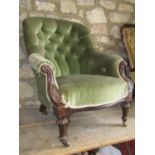 A 19th century spoon back drawing room chair with green dralon upholstered finish and button back,