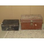 A small vintage tin trunk containing a quantity of old woodworking tools together with a further