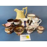 A mixed collection of 19th century pottery including copper lustre goblets, further copper lustre