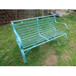 A vintage sprung steel two seat garden bench with strapwork seat and painted finish, 120 cm wide