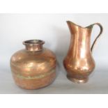 A 19th century flat bottomed copper jar with tapered neck and incised ring design and a 19th century