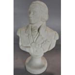 A plaster bust of Admiral Nelson on a socle base. 29cm high.