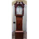A mid 19th century oak and mahogany cottage longcase clock with broken arch painted dial, floral