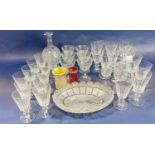 Twenty two matching red and white wine glasses, six bowl shaped glasses, a single decanter, etc